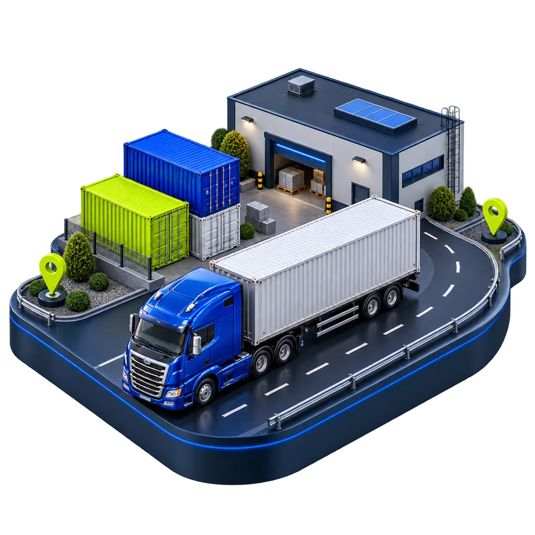 Объёмная логистическая платформа: грузовик, склад и контейнеры связаны одним маршрутом